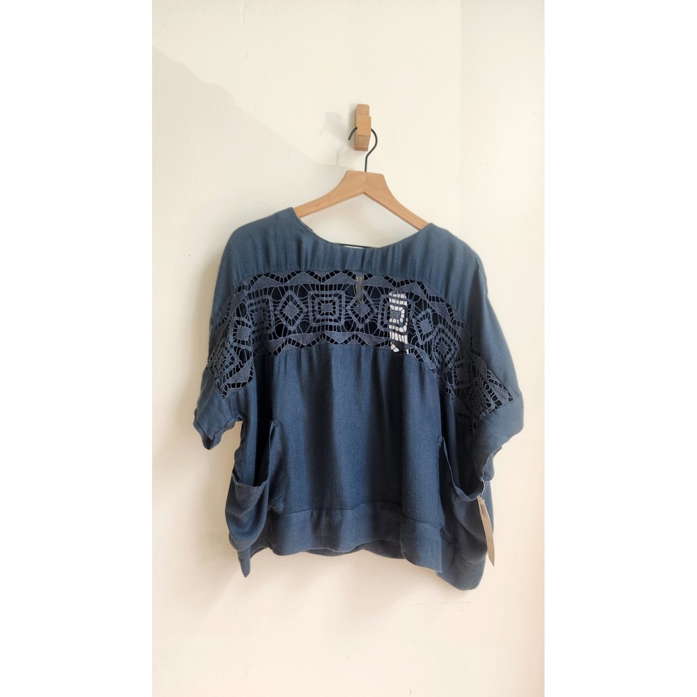 French Connection Blouse Women 4 Blue Crochet Lace Boho Pocket Top Flowy Boxy
